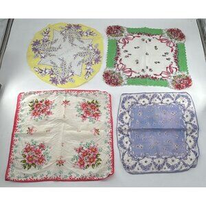 Vintage Floral Handkerchief Lot Of 4: Yellow Green Pink & Purple Prints